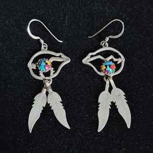 Vintage Southwestern Sterling Silver 925 Navajo Feather Colored Mosaic Earrings
